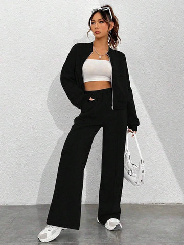 Women Tracksuit 2 Pieces Set Fashion Long Sleeve Zipper Coat Casual Solid Sweatshirt Straight Pants Suit Ladies Autumn Sportwear