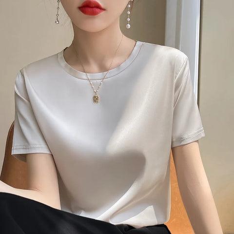 2025 Spring Summer T-shirt Women Solid Short Sleeve Fashion Korean Tops O-neck Casual Office Lady Tshirt Femme Green White Shirt
