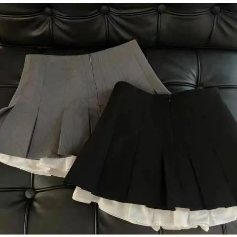 Ruffles Black Japanese Kawaii Korean Patchwork High Waist Mini Pleated Skirts