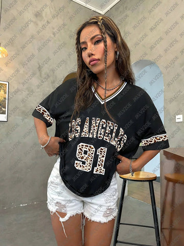 Los Angeles Number 91 TShirt For Men Women Summer Fashion Leopard Print V-neck Tee Trend Short Sleeve Female Streetwear Top