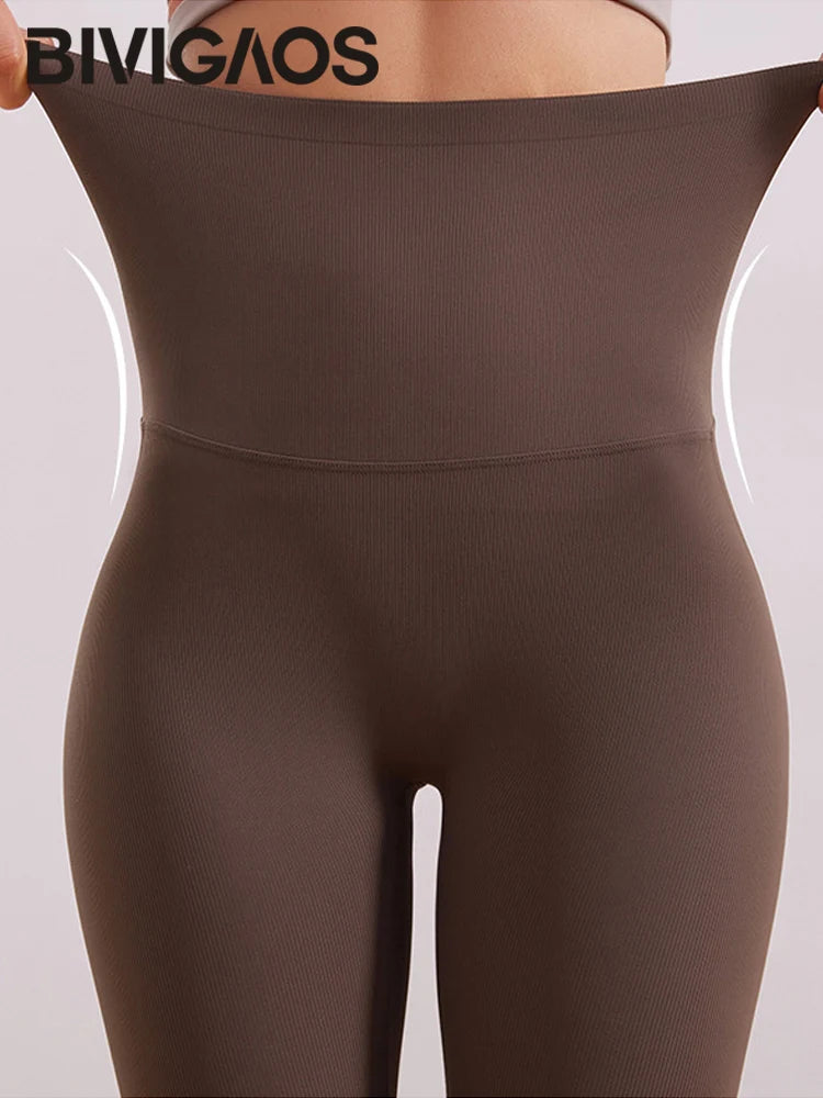 BIVIGAOS Spring Summer New Vertical Line Thread Shark Leggings Women Seamless Cross Plastic Waist Push Up Sports Leggings
