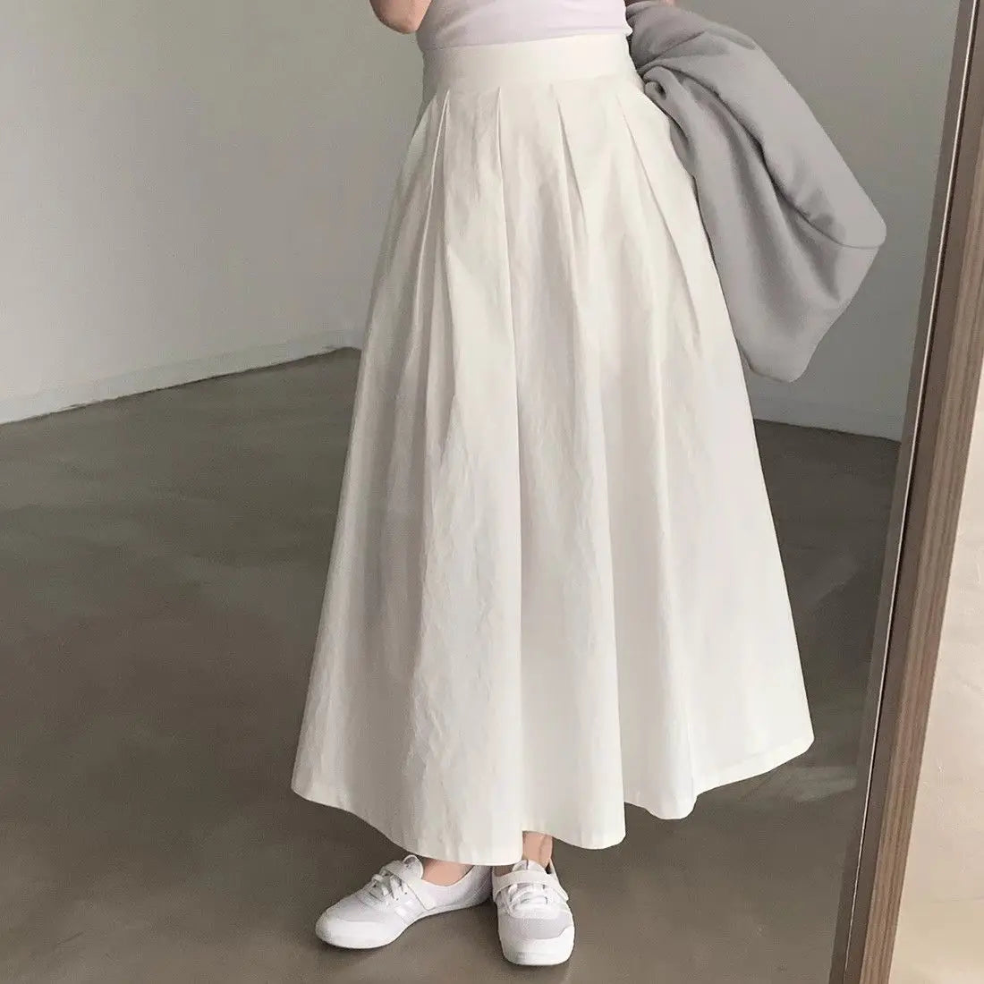 Chic Simple Mid-Length A-Line Skirt Women Korean Half Body Skirt Commute High Waist Loose Pure Color Long Pleated Skirt