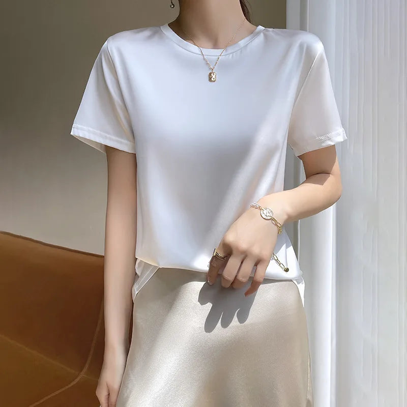 2025 Spring Summer T-shirt Women Solid Short Sleeve Fashion Korean Tops O-neck Casual Office Lady Tshirt Femme Green White Shirt