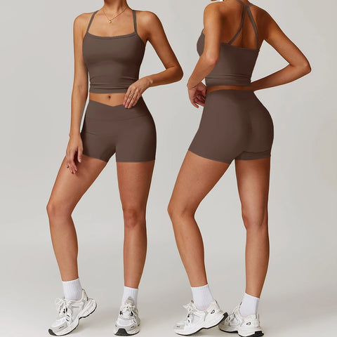 Gym Set Short Yoga Tracksuits Women 2 PCS Sport Suit Fitness Clothing Workout Outfits Push Up Shorts Sporty Bra Sportwear