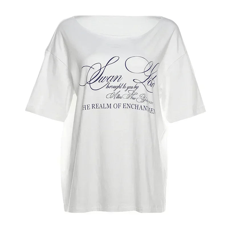 PixieKiki Letter Print Graphic T Shirts White Oversized One Shoulder Tops Womens Summer Fashion Clothing Trends 2024 P71-BG14