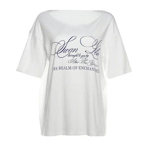 PixieKiki Letter Print Graphic T Shirts White Oversized One Shoulder Tops Womens Summer Fashion Clothing Trends 2024 P71-BG14