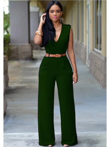 Sexy Deep V Neck Sleeveless Solid Color Formal Fashion Jumpsuit with Wrap Hip