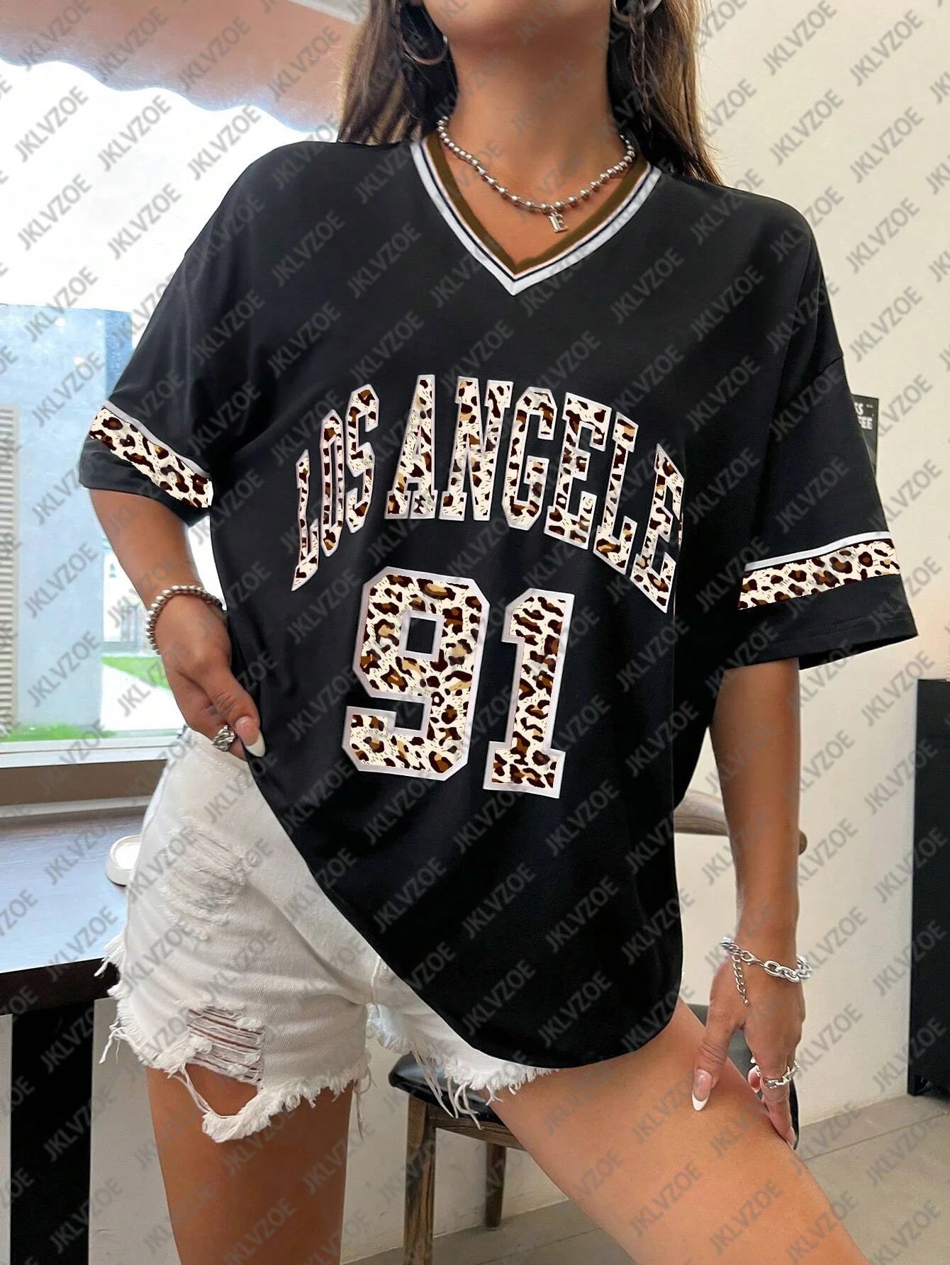 Los Angeles Number 91 TShirt For Men Women Summer Fashion Leopard Print V-neck Tee Trend Short Sleeve Female Streetwear Top