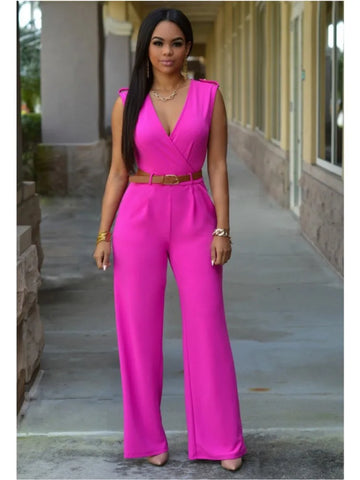 Sexy Deep V Neck Sleeveless Solid Color Formal Fashion Jumpsuit with Wrap Hip