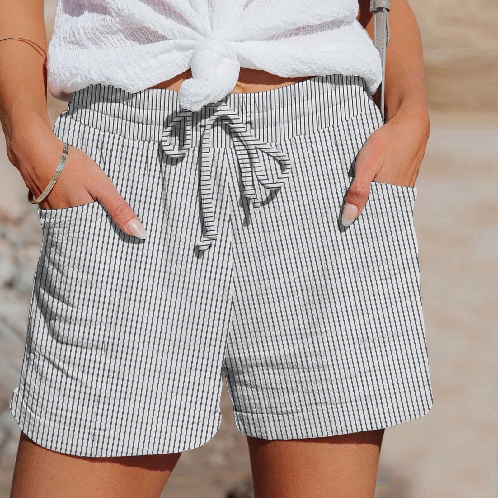Striped Loose Shorts For Woman Drawstring Side Sports Shorts Women'S Summer Casual Trousers With Pockets Fashion Slacks Mujer