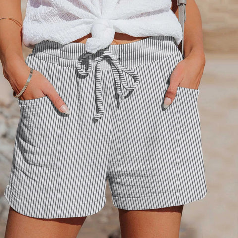 Striped Loose Shorts For Woman Drawstring Side Sports Shorts Women'S Summer Casual Trousers With Pockets Fashion Slacks Mujer
