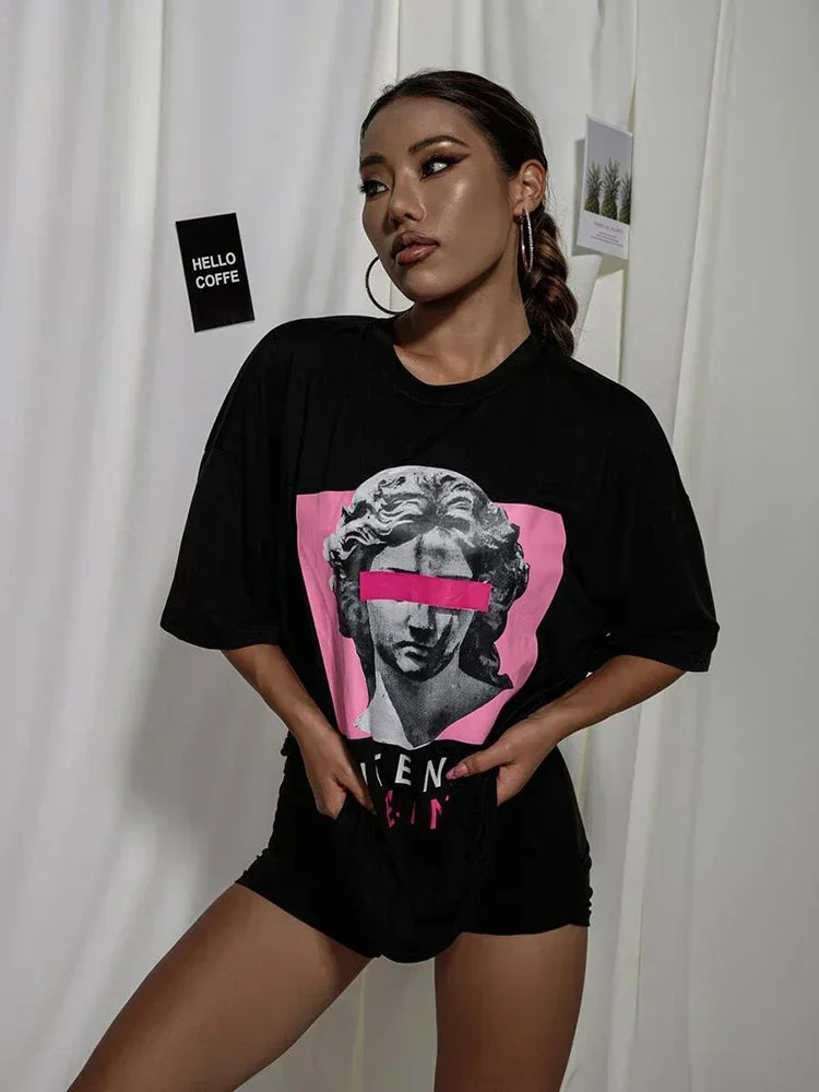 Intense Feelings Drop Shoulder Tee T-Shirts Women Loose High Quality Streetwear Hip Hop Top Y2k Oversize Tops Women T Shirts