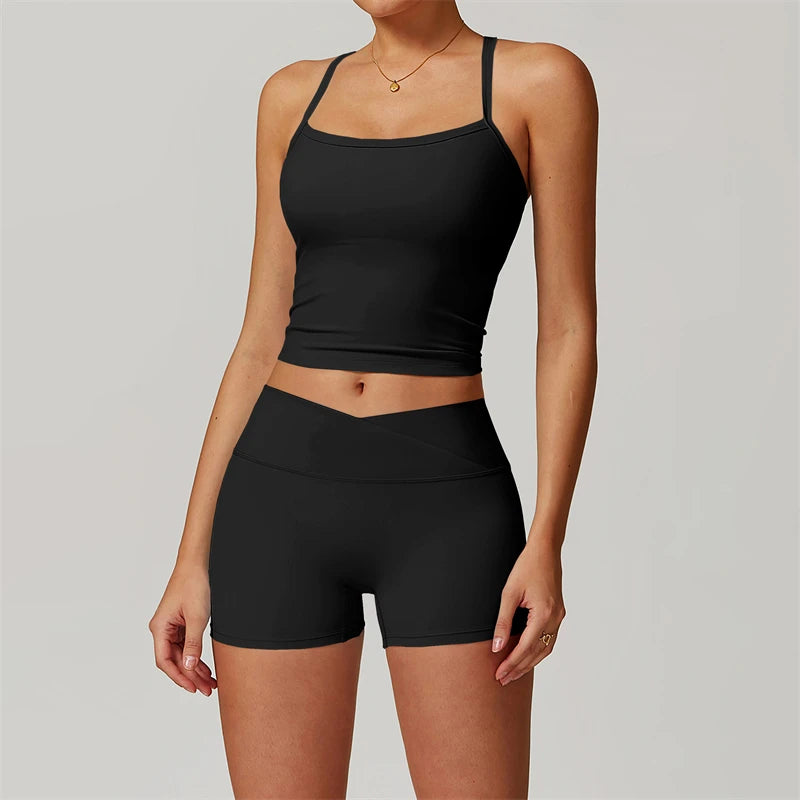 Gym Set Short Yoga Tracksuits Women 2 PCS Sport Suit Fitness Clothing Workout Outfits Push Up Shorts Sporty Bra Sportwear