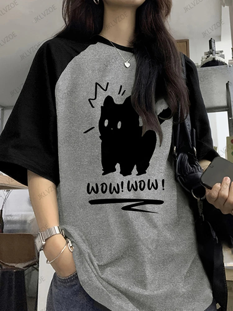 Funny Cat Printed Summer T-Shirt For Women Patchwork Short Sleeve Harajuku Tees Sports Football Jersey Y2K Loose Oversized Tops