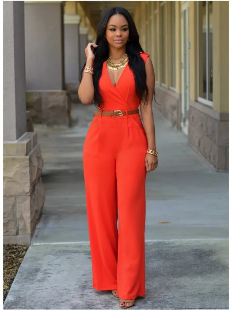 Sexy Deep V Neck Sleeveless Solid Color Formal Fashion Jumpsuit with Wrap Hip