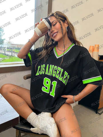 Los Angeles Number 91 TShirt For Men Women Summer Fashion Leopard Print V-neck Tee Trend Short Sleeve Female Streetwear Top