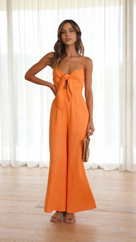 2024 Summer Long Jumpsuit Women Solid Casual Loose Thin Suspenders Sleeveless Overalls Wide Leg Pants Jumpsuit Women Elegance