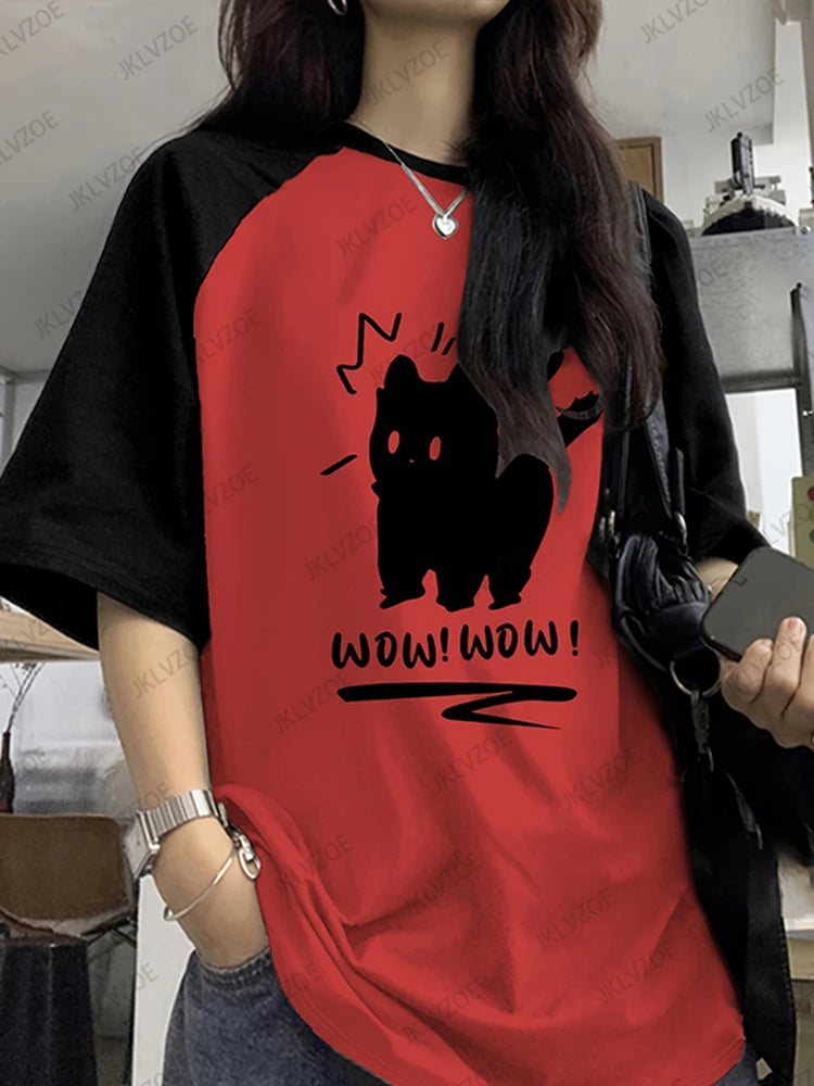 Funny Cat Printed Summer T-Shirt For Women Patchwork Short Sleeve Harajuku Tees Sports Football Jersey Y2K Loose Oversized Tops