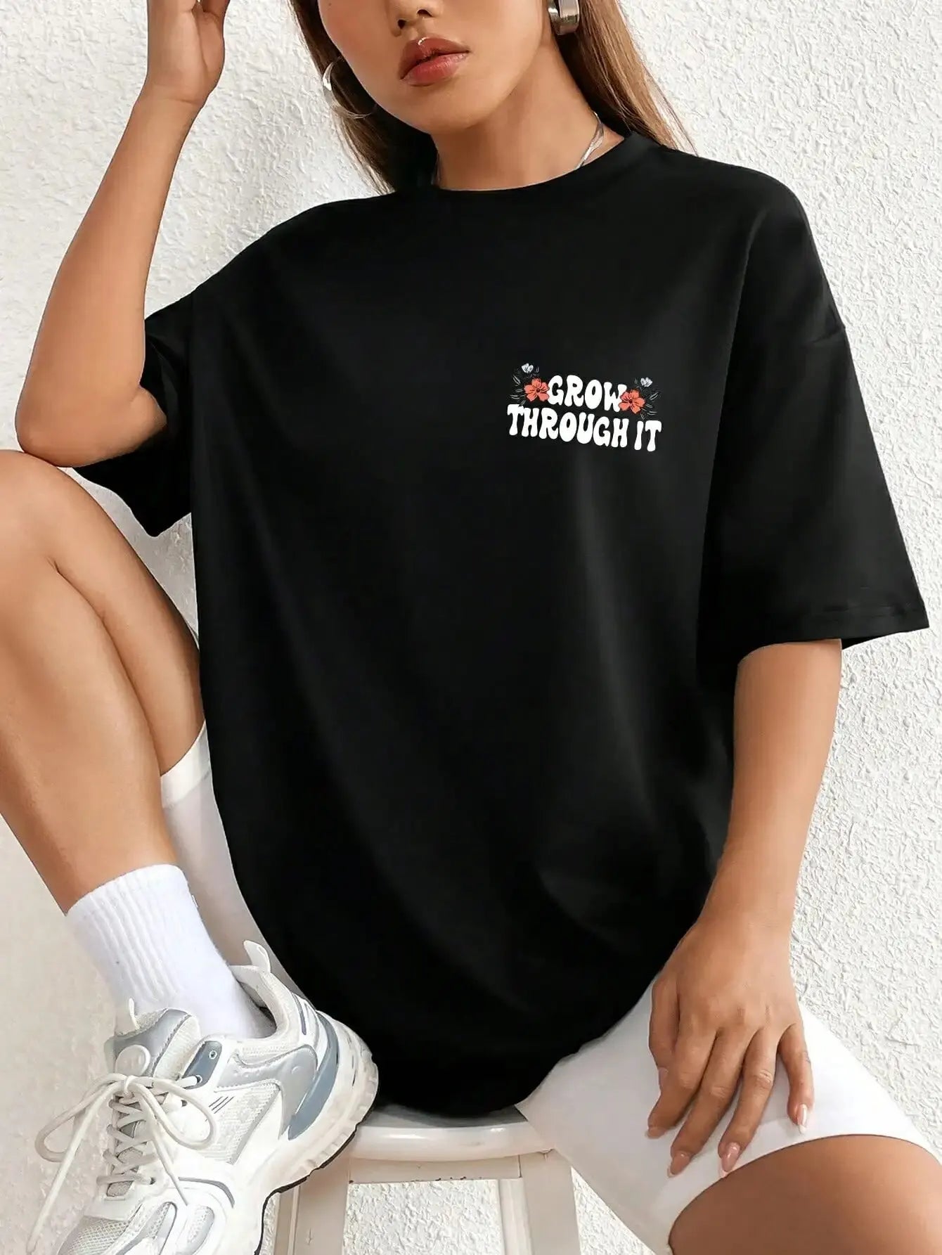Floral & Skeleton Print Cotton T-Shirt for Women Motivational Grow Through It Personality Female Tee Oversize Tops Soft Clothes