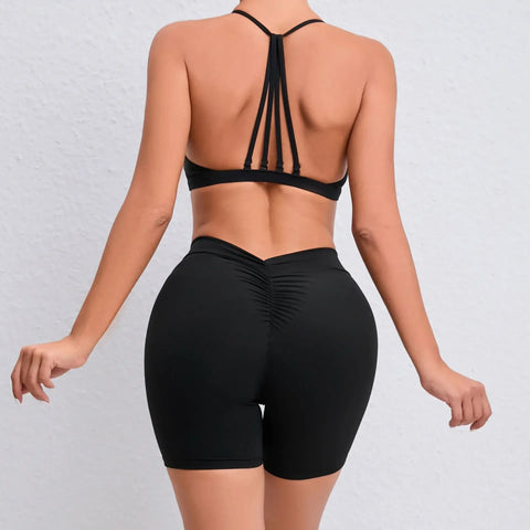 Yoga Shorts Set Women Black Hollow Back Sports Bra High Waist Pants Suit for Fitness Sports Seamless Workout Sportwear Clothes