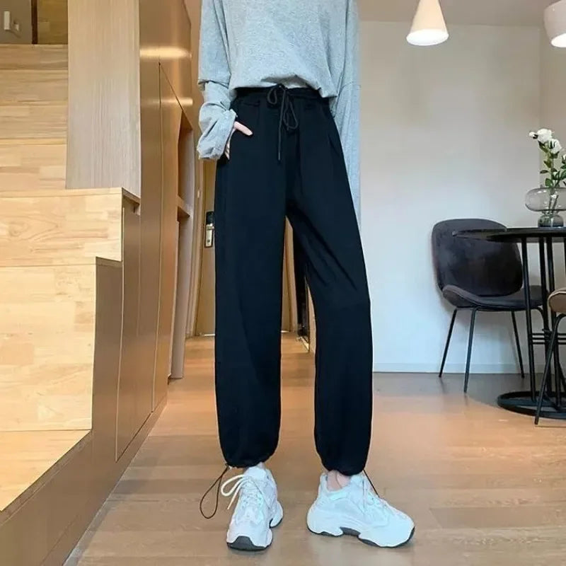 Loose Sports Pants for Women Wide Leg Baggy Drawstring High Waist Vintage Sweatpants Cotton Harajuku Woman FitnessTrousers Hot G