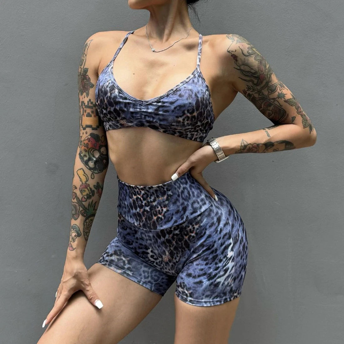 Leopard Bra & Fitness High Waist Raise Scrunch Gym Leggings set