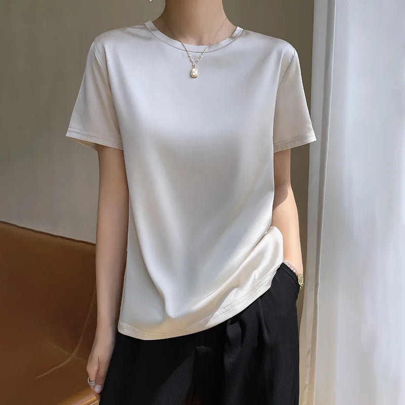 2025 Spring Summer T-shirt Women Solid Short Sleeve Fashion Korean Tops O-neck Casual Office Lady Tshirt Femme Green White Shirt
