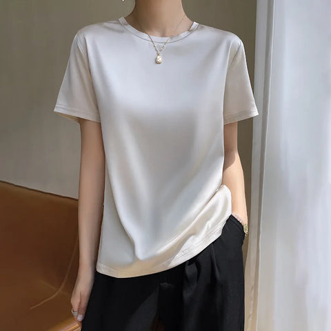 2025 Spring Summer T-shirt Women Solid Short Sleeve Fashion Korean Tops O-neck Casual Office Lady Tshirt Femme Green White Shirt