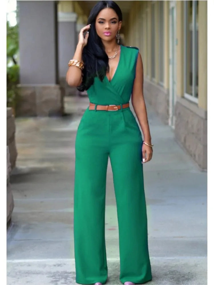 Sexy Deep V Neck Sleeveless Solid Color Formal Fashion Jumpsuit with Wrap Hip