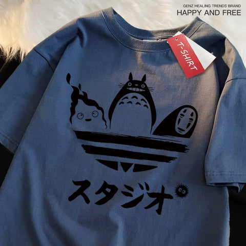 Japanese Anime Totoro & Kaonashi Cute Adidas Style print Oversized Tshrit