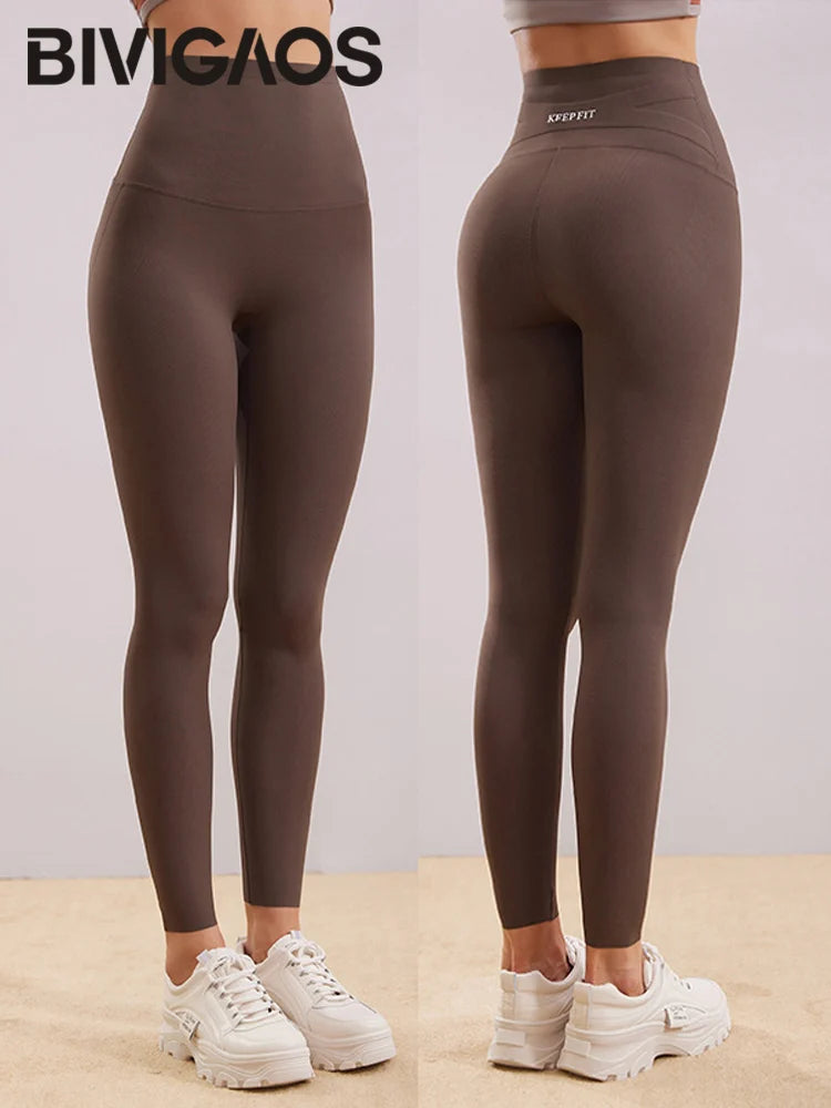 BIVIGAOS Spring Summer New Vertical Line Thread Shark Leggings Women Seamless Cross Plastic Waist Push Up Sports Leggings