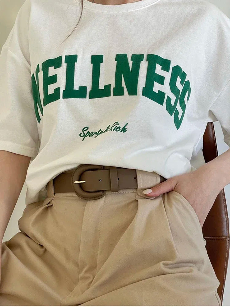 Wellness Sporty Rich Creativity Letter Female Tee Clothing Oversize Retro Street T-Shirts Breathable Women Short Sleeves