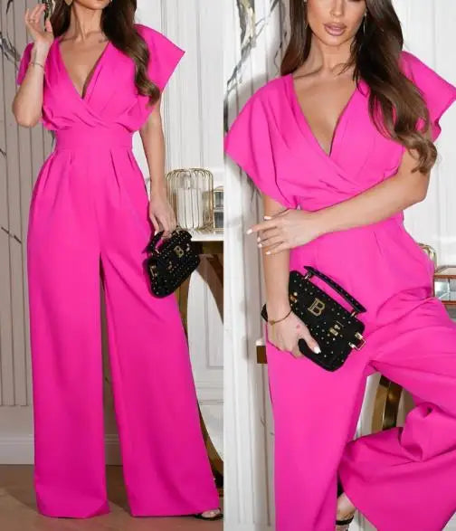 Summer Solid Color Short Sleeved Pants V-Neck Waist Slimming Jumpsuit Full Length for Sexy and Elegant Women