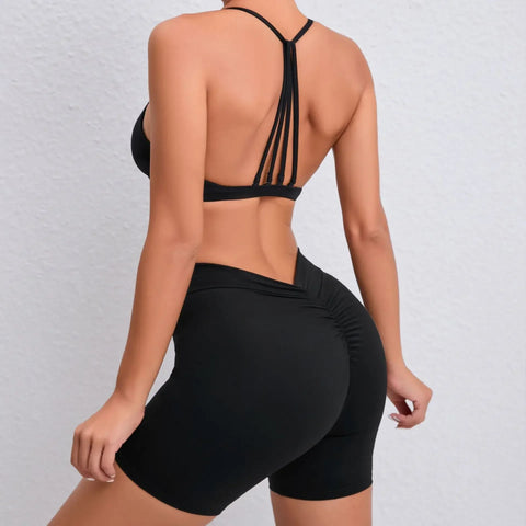 Yoga Shorts Set Women Black Hollow Back Sports Bra High Waist Pants Suit for Fitness Sports Seamless Workout Sportwear Clothes