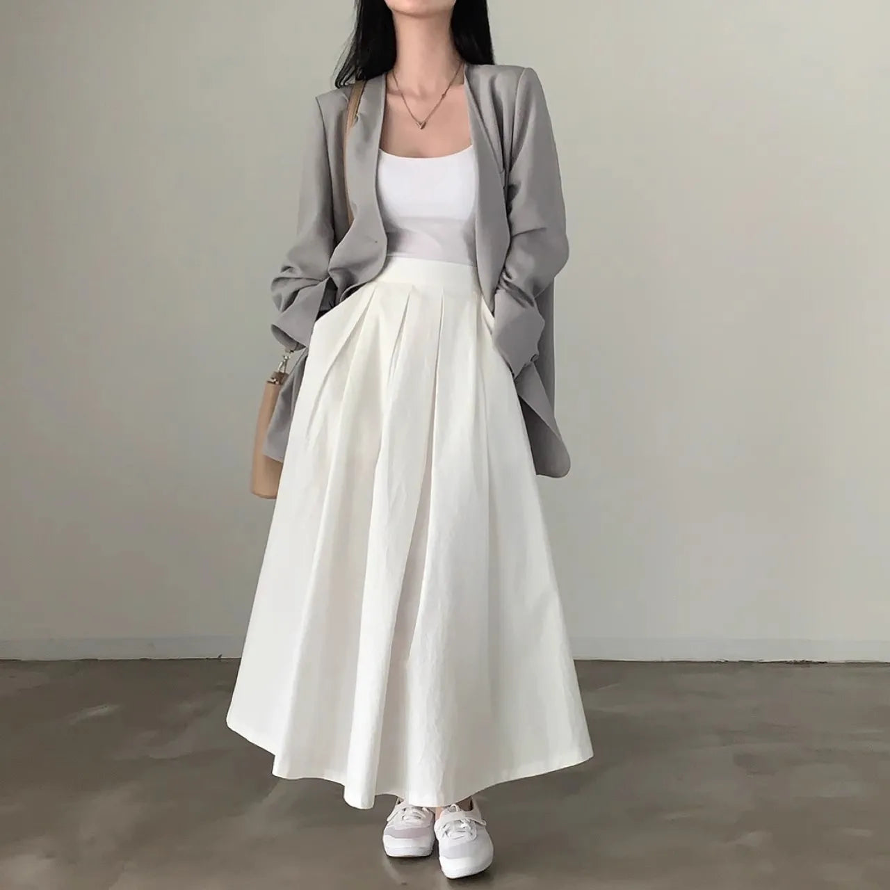 Chic Simple Mid-Length A-Line Skirt Women Korean Half Body Skirt Commute High Waist Loose Pure Color Long Pleated Skirt