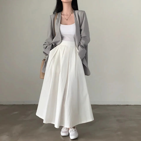 Chic Simple Mid-Length A-Line Skirt Women Korean Half Body Skirt Commute High Waist Loose Pure Color Long Pleated Skirt