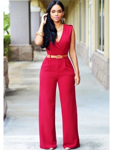 Sexy Deep V Neck Sleeveless Solid Color Formal Fashion Jumpsuit with Wrap Hip