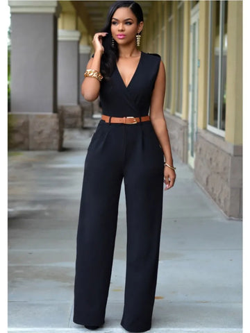 Sexy Deep V Neck Sleeveless Solid Color Formal Fashion Jumpsuit with Wrap Hip
