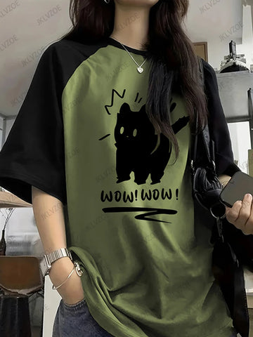 Funny Cat Printed Summer T-Shirt For Women Patchwork Short Sleeve Harajuku Tees Sports Football Jersey Y2K Loose Oversized Tops