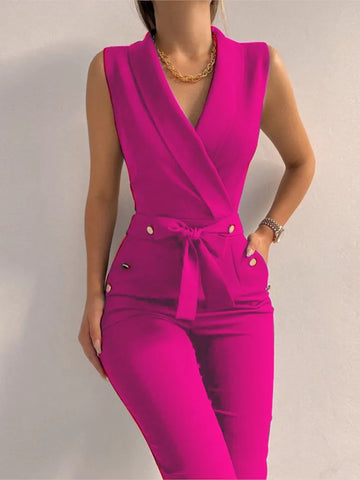 Sleeveless V-neck Lace Up High Waist Formal Jumpsuit - Solid overalls Clothing