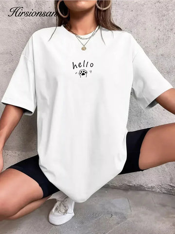Hirsionsan New Women Graphic Printed Cotton T Shirts Female Khaki Oversized Casual Soft Tees Unisex Short Sleeve Summer Tops