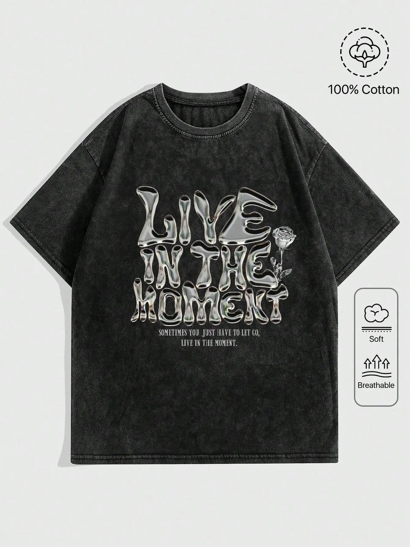 Women Casual Cotton Washed T-Shirt Live In The Moment Letter Printing Tees Tops Fashion O-neck Oversize Street Female Clothes
