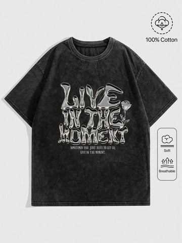 Women Casual Cotton Washed T-Shirt Live In The Moment Letter Printing Tees Tops Fashion O-neck Oversize Street Female Clothes