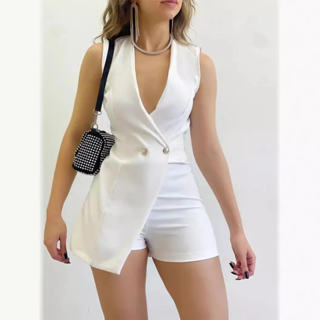Sexy Deep V Neck Sleeveless Jumpsuit Office Lady Elegant Buttoned Short Style Irregular Jumpsuits 2024 New Slim Women Clothing