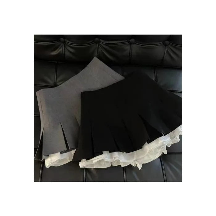 Ruffles Black Japanese Kawaii Korean Patchwork High Waist Mini Pleated Skirts