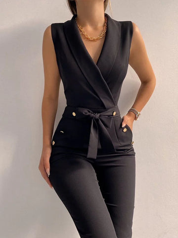 Summer V-Neck Sleeveless Formal Jumpsuit for Office & Parties