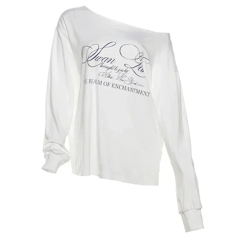 PixieKiki Letter Print Graphic T Shirts White Oversized One Shoulder Tops Womens Summer Fashion Clothing Trends 2024 P71-BG14