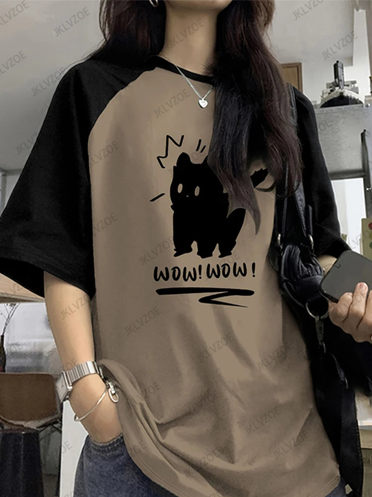 Funny Cat Printed Summer T-Shirt For Women Patchwork Short Sleeve Harajuku Tees Sports Football Jersey Y2K Loose Oversized Tops
