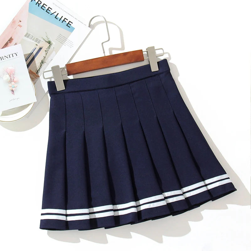 High Waist Striped Pleated Skirt with Lining