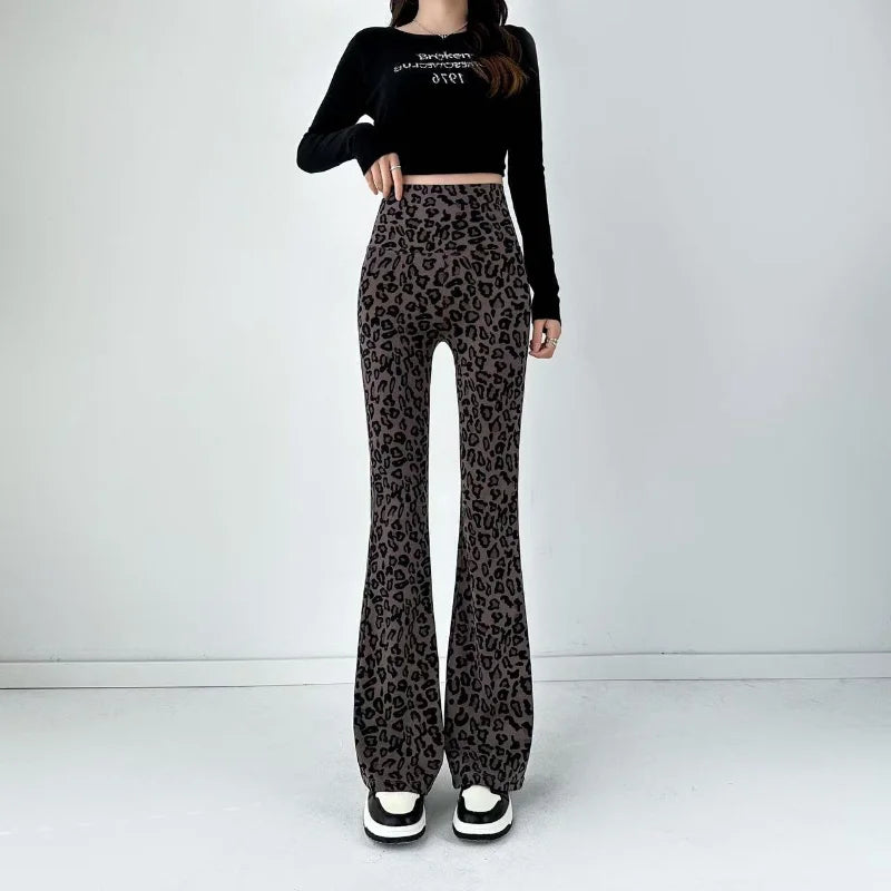 Women Leopard Printed Flared Pants Elasticized High Waist Shark Leggings Casual Spring Summer Korean Slim Straight Tube